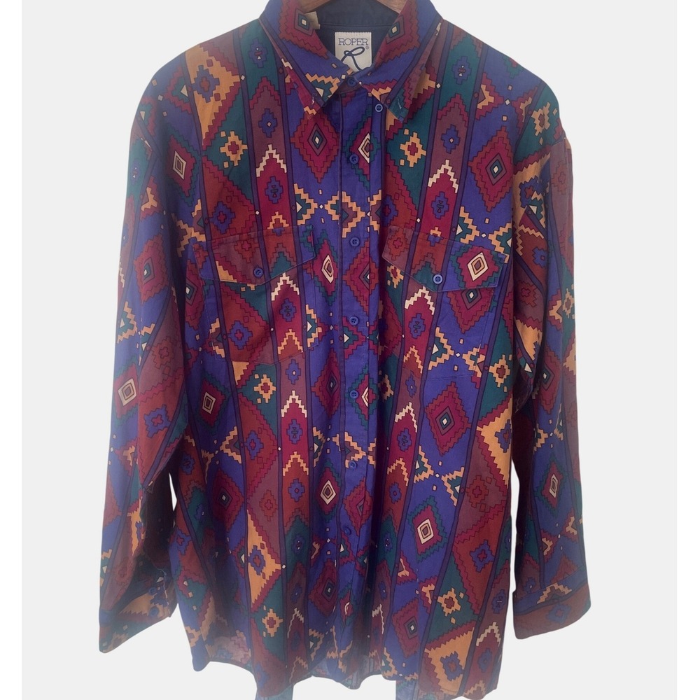 Vintage Roper Mens XL Aztec Southwestern Print Button Down Shirt Rodeo Cowboy‎